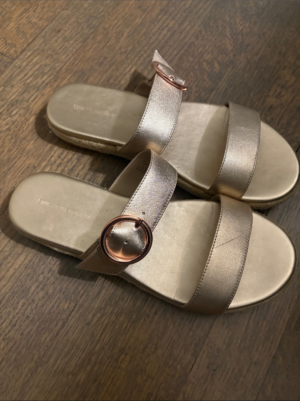 Stuart Weitzman Metallic Rose Gold Double-Strap Slide Sandals with Round Buckle